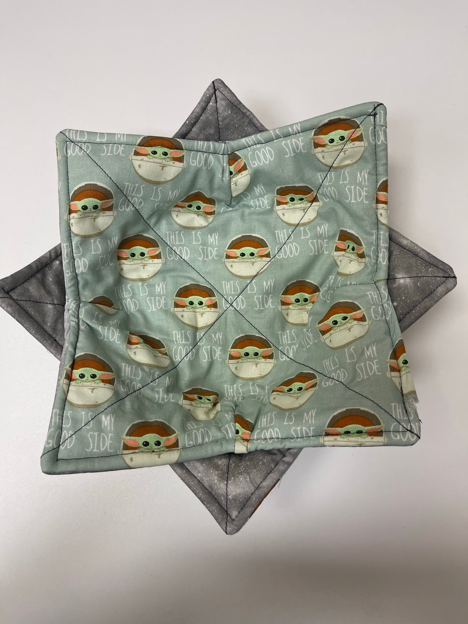 Bowl Cozy- Baby Mandalorian 'this is my good side' & Grey